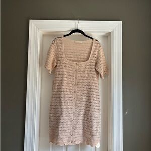 Sézane Button-Front Crochet Knit Mini Dress - tan